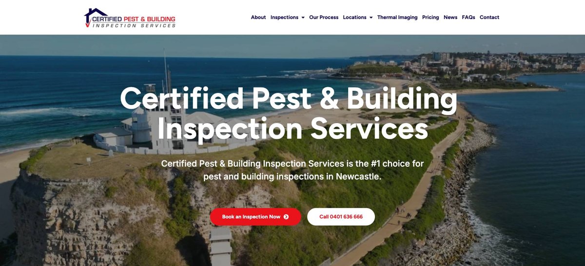 Certified Pest & Building Inspection Services homepage showing inspection services from $395 in Newcastle and Lake Macquarie