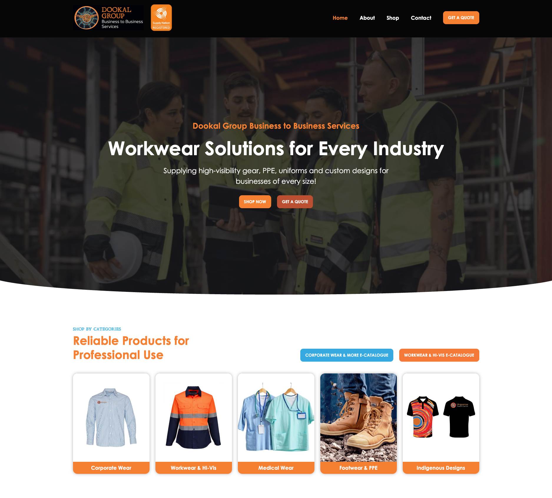 Dookal Group homepage showing workwear, hi-vis, PPE and uniforms