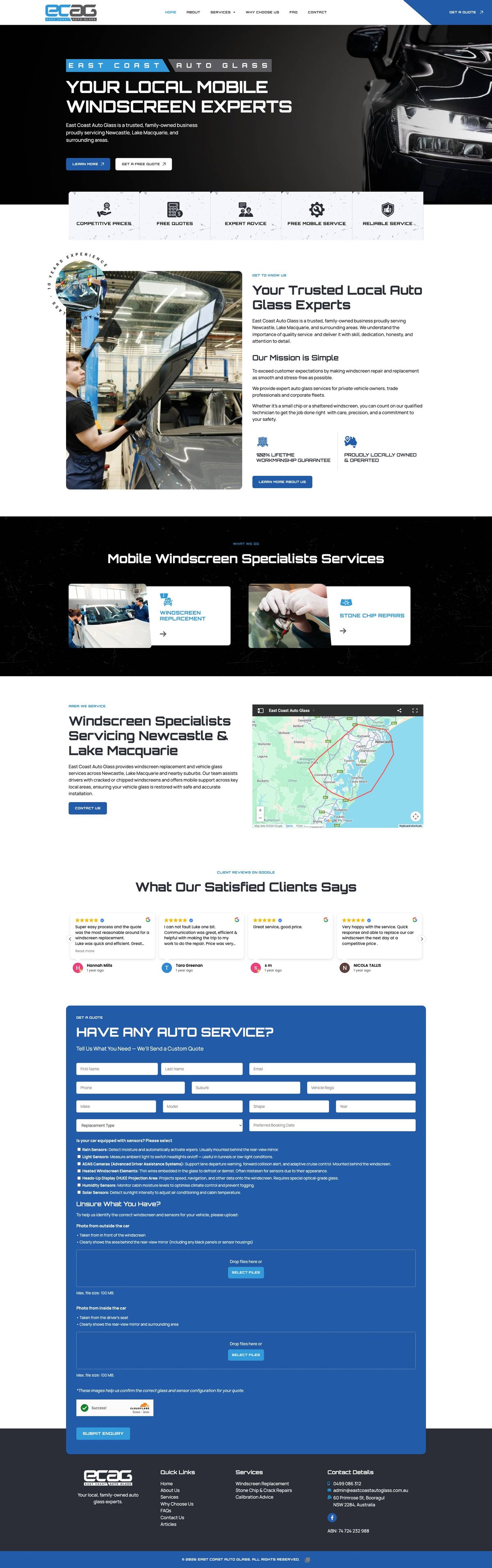 East Coast Auto Glass homepage showing windscreen and auto glass services