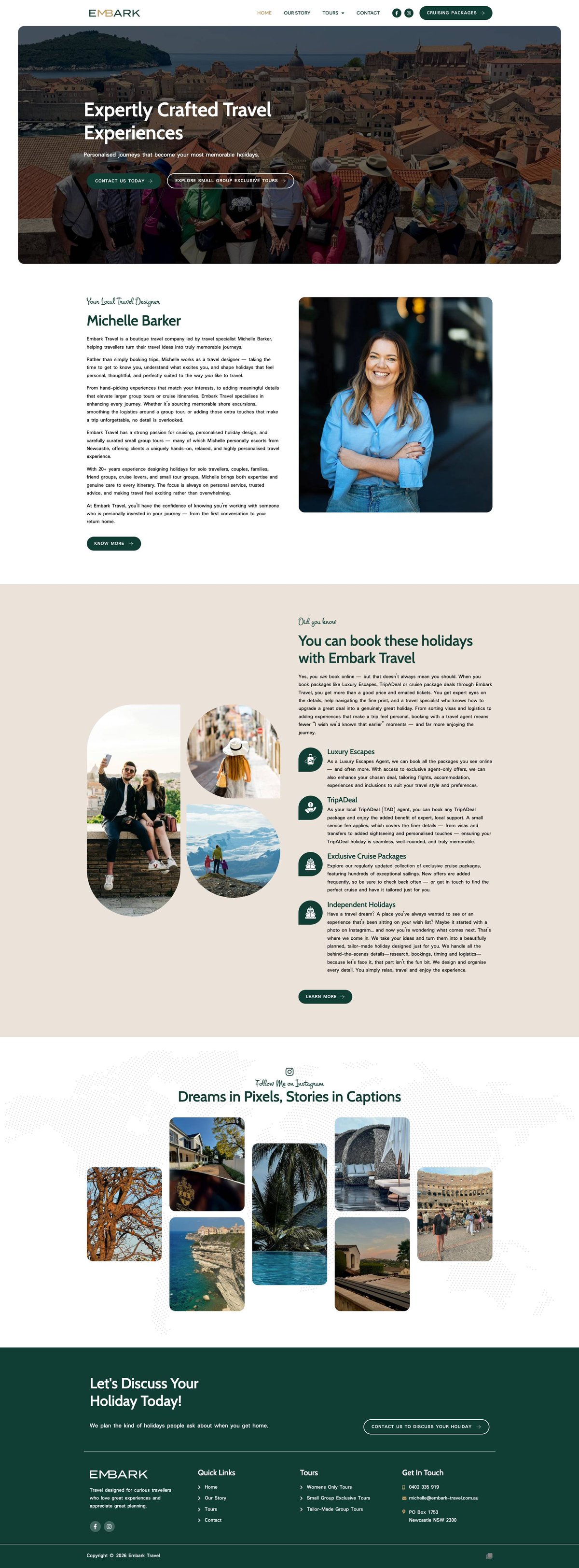Embark Travel homepage showing boutique travel experiences and personalised holiday design
