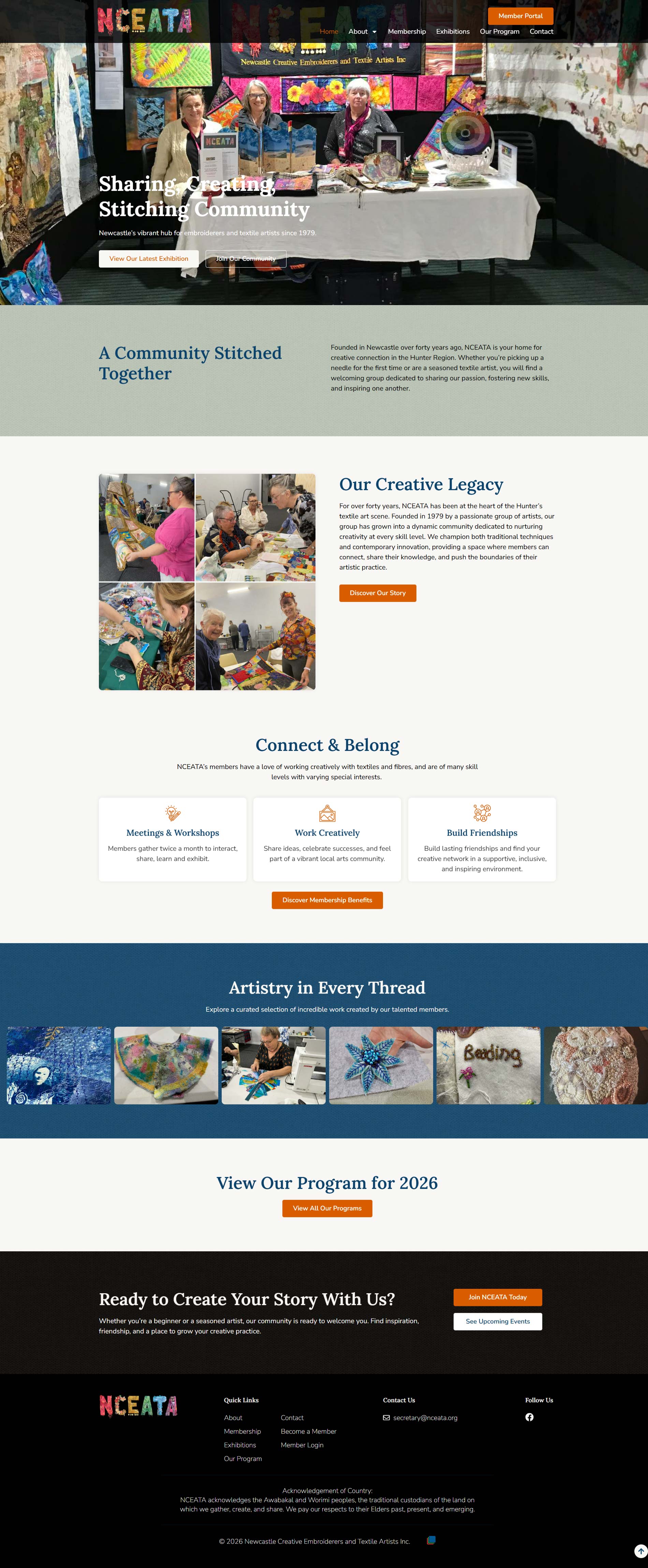 NCEATA homepage showing textile art, community workshops and exhibition information