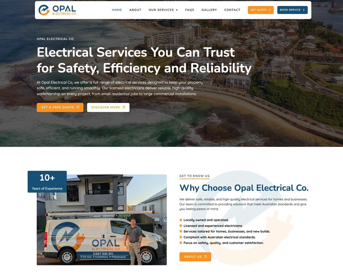 Opal Electrical Co homepage showing residential electrical services in Newcastle and Lake Macquarie
