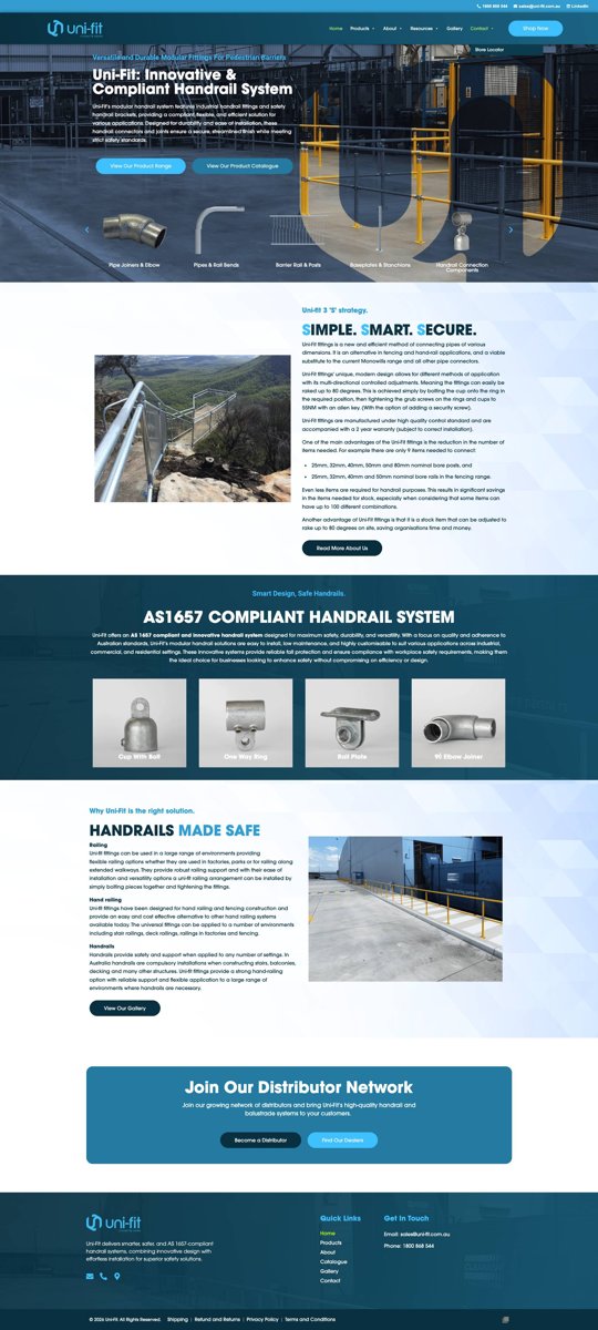 Uni-Fit homepage showing modular handrail systems and safety fittings