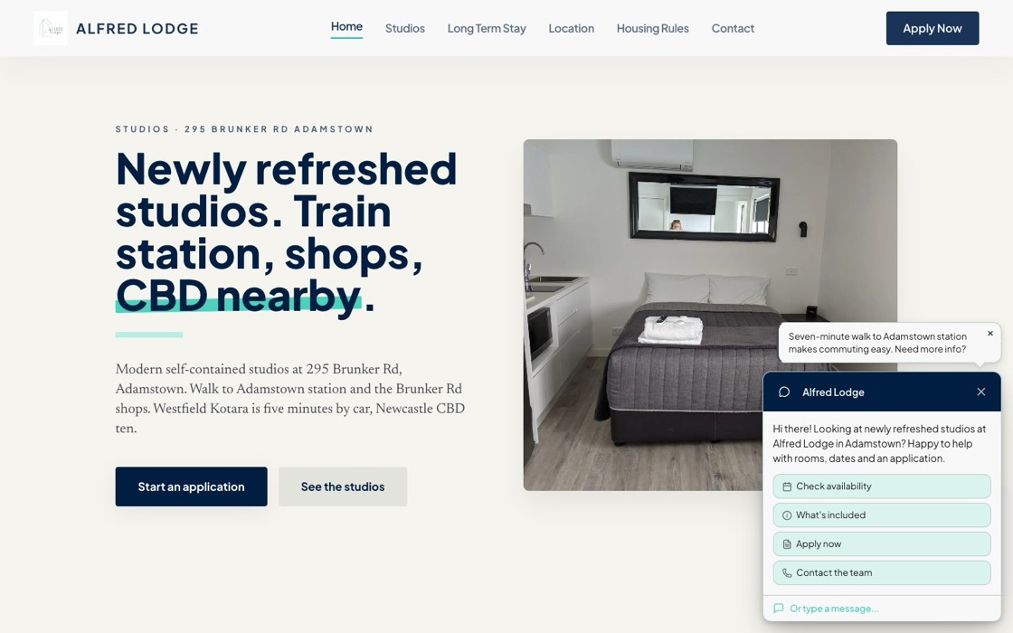 Alfred Lodge homepage showing the newly refreshed studios interior with tagline 