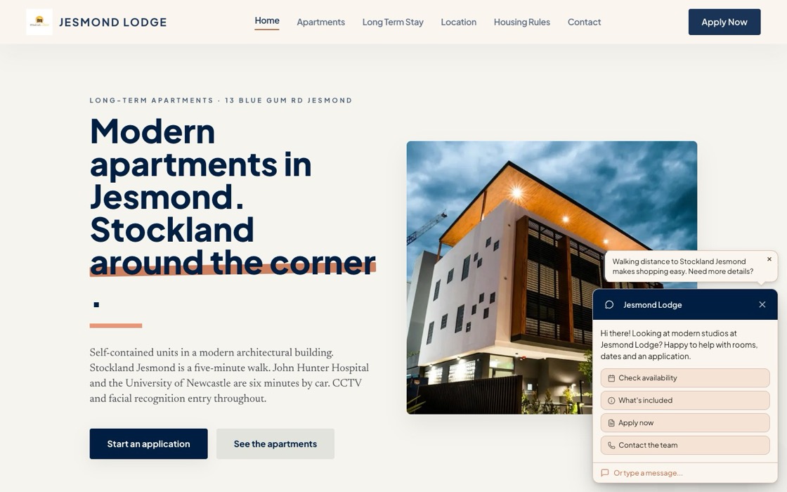 Jesmond Lodge homepage showing the modern architectural building exterior at dusk with tagline 