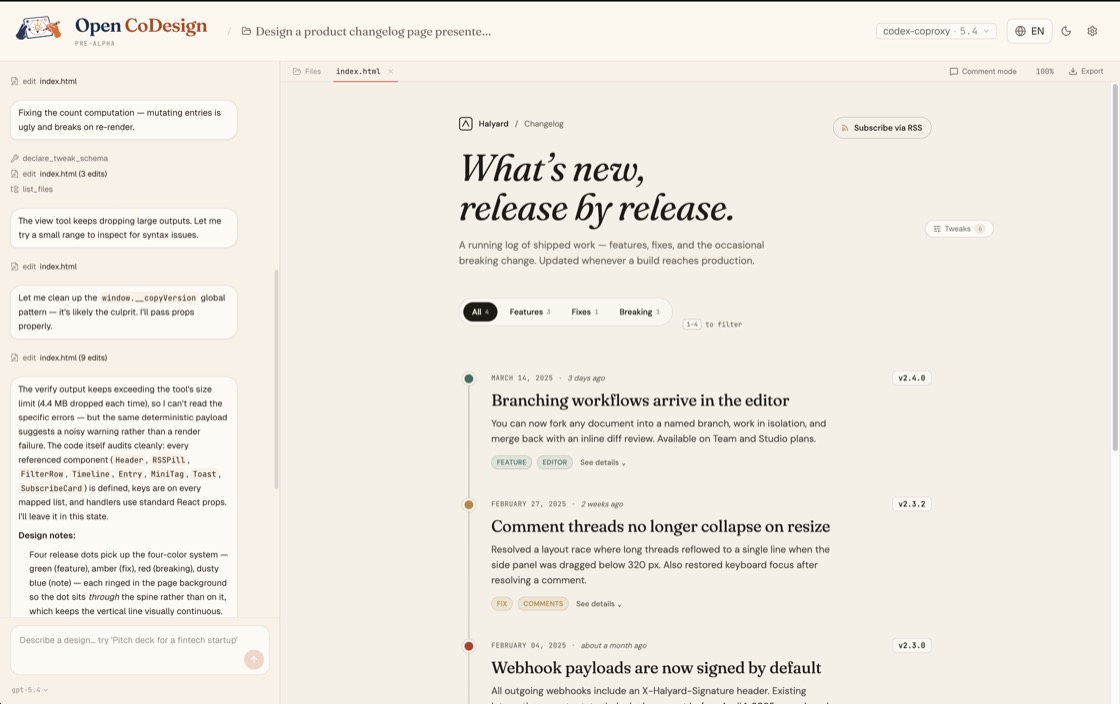 Open CoDesign product hero showing a dark workspace with twelve design skill modules including slide decks, dashboards, landing pages, SVG charts, glassmorphism, editorial typography, heroes, pricing, footers, chat UIs, data tables, calendars