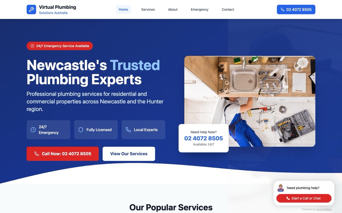 Virtual Plumbing Solutions Australia homepage with navy and red palette, an overhead photo of a plumber working under a kitchen sink, named phone number 02 4072 8505, and three trust badges for 24/7 Emergency, Fully Licensed, Local Experts