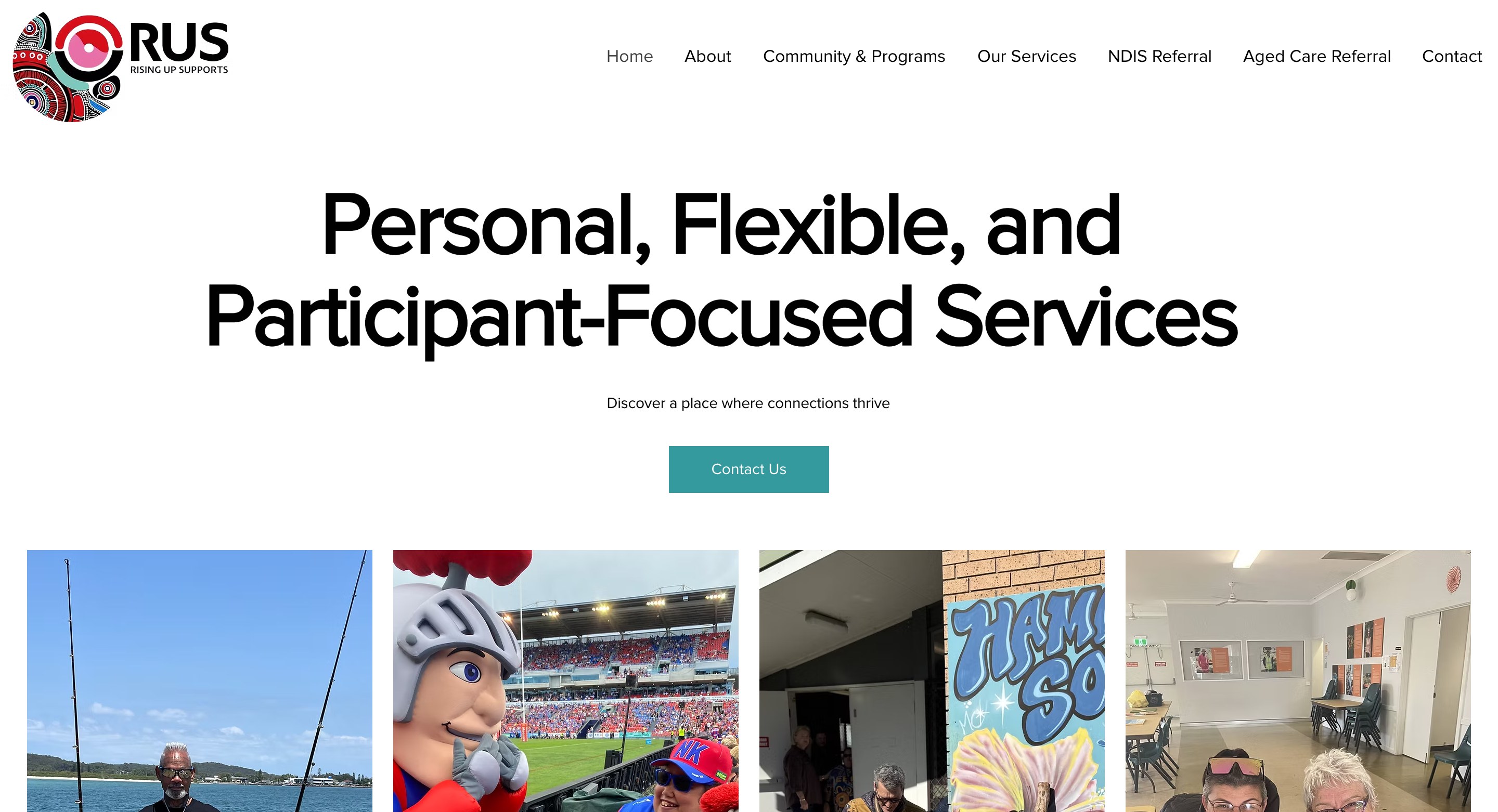 Rising Up Supports homepage showing community photos and tagline 