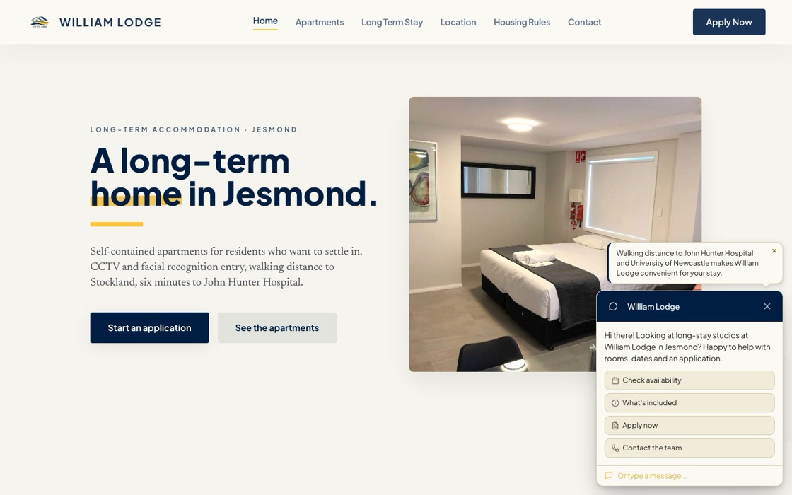 William Lodge homepage showing a studio bedroom interior with tagline 
