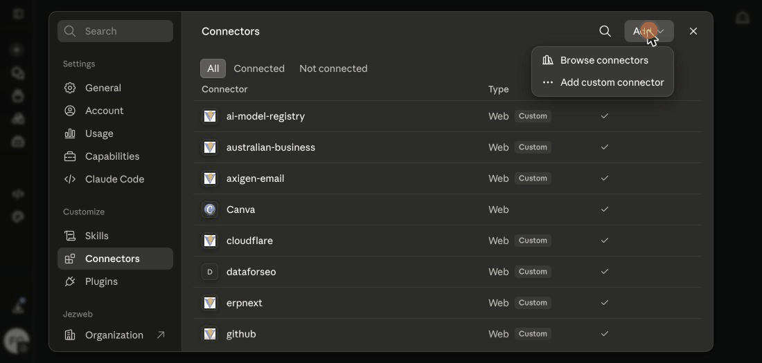 Adding a custom connector to Claude: paste the MCP server URL (here, ProMCP) and connect