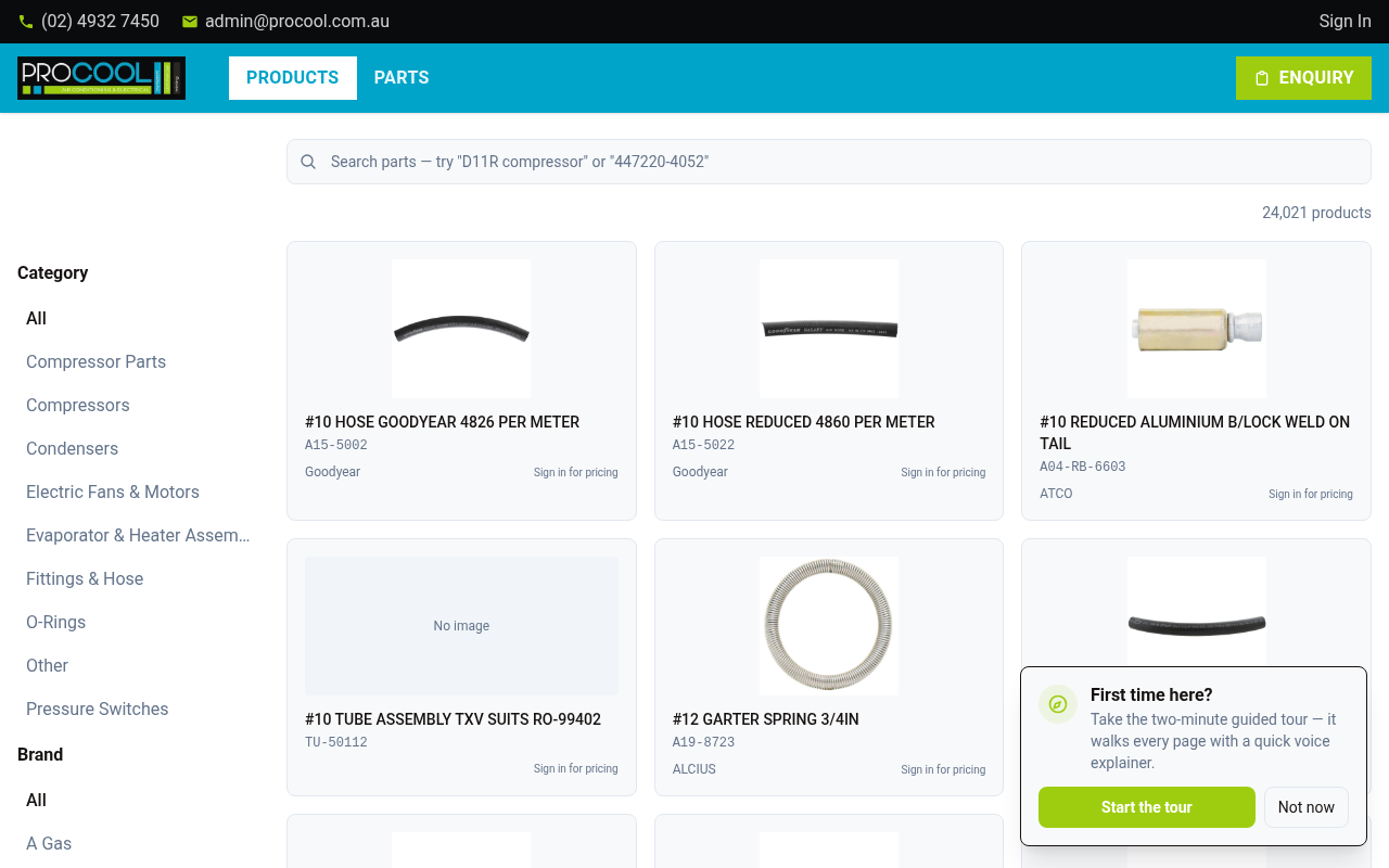 The Pro Cool parts shop: 24,021 products, browse by category and brand, with trade pricing behind sign-in