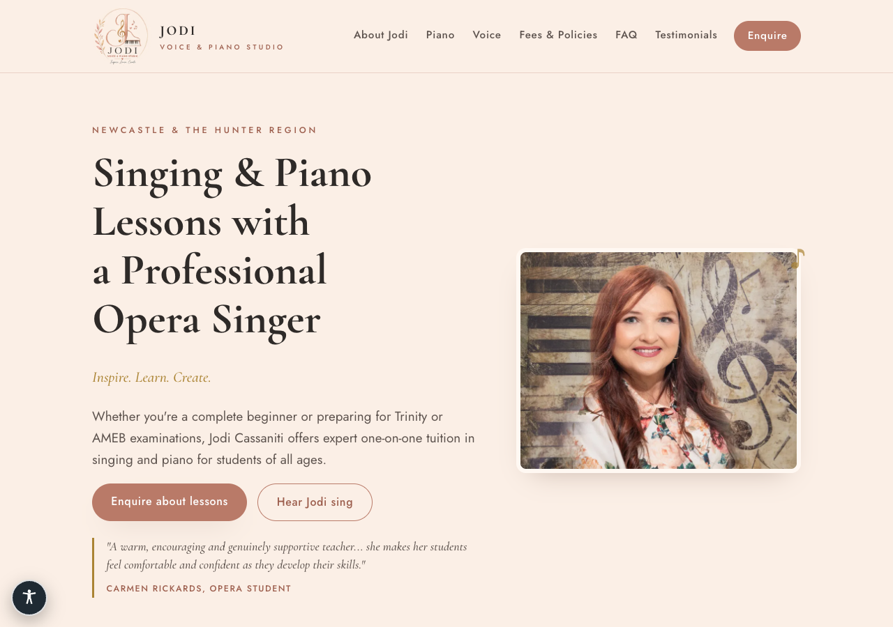 Jodi's live homepage, with her Trinity and AMEB wording in the hero and Carmen's testimonial below