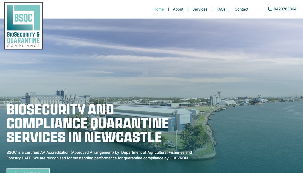 BSQC homepage showing an aerial view of Newcastle port with the headline Biosecurity and Compliance Quarantine Services in Newcastle